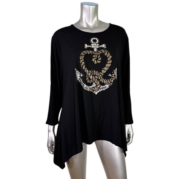 Gardy Black Asymmetrical Cotton Blend Anchor Embellished Beaded Tunic 1X - Picture 1 of 5
